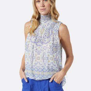 JOIE Mika Print Mock Neck Sleeveless Silk Top In Blue